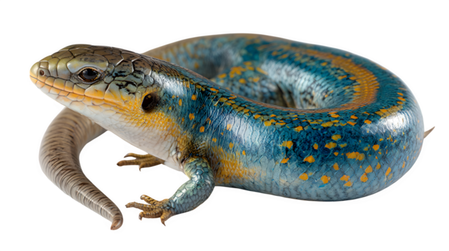 blue-tailed skink with yellow spots and curled tail, reptile macro detail, isolated on white background