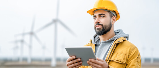 Male engineer with a tablet standing against wind turbines. Concept of renewable energy and technology with copy space.