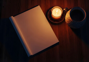 A4 magazine placed on a dark wood table beside a candle and a ceramic pot, warm, cozy, light home setup