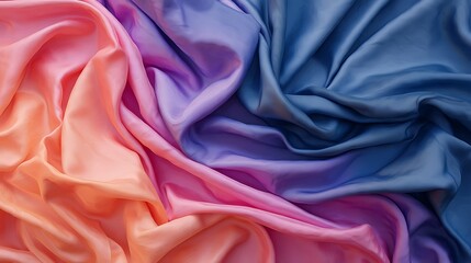 Obraz premium A vibrant display of flowing silk fabric in shades of pink, purple, and blue, showcasing smooth textures and harmonious colors.