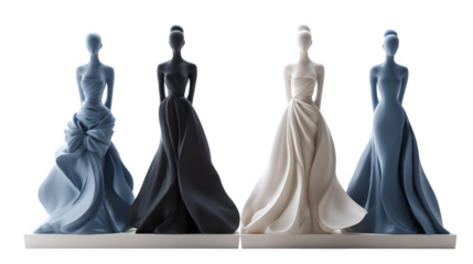 female statue figures in elegant gowns, minimalist artistic sculpture, isolated on white background