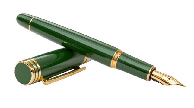 green fountain pen with cap beside it, elegant stationary piece, isolated on white background