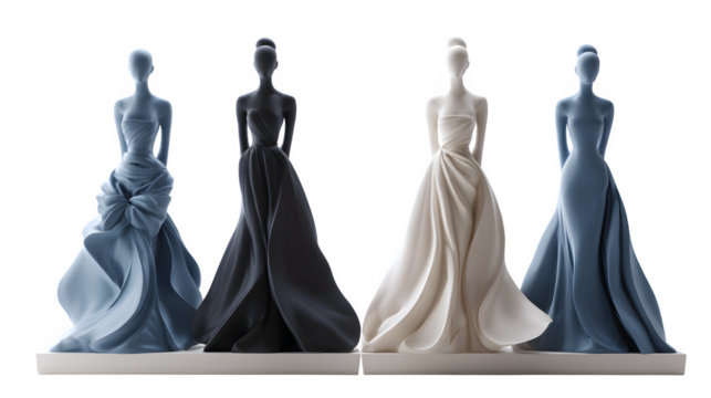 female statue figures in elegant gowns, minimalist artistic sculpture, isolated on white background