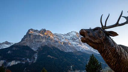 Grindelwald: Das Schnitzwerk und die Berge - Hirschruf vor Bergkulisse bei Abendrot