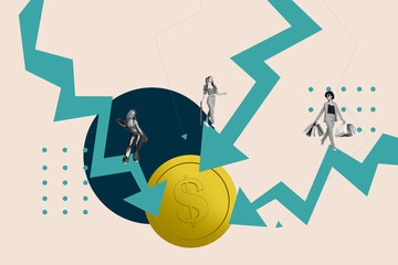 Collage of business person people and falling coins with downward arrow symbolizing financial global world crisis