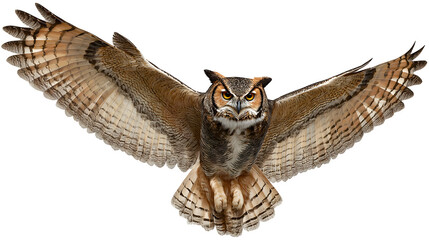 great horned owl flying with wings wide, majestic bird of prey, isolated on white background
