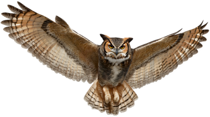 great horned owl flying with wings wide, majestic bird of prey, isolated on white background