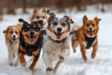 Happy dogs running together through snow in winter