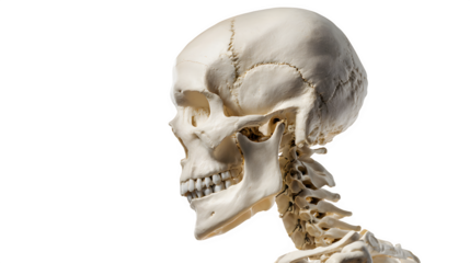 human skeleton model in profile, anatomical detail, isolated on white background