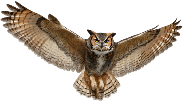great horned owl flying with wings wide, majestic bird of prey, isolated on white background
