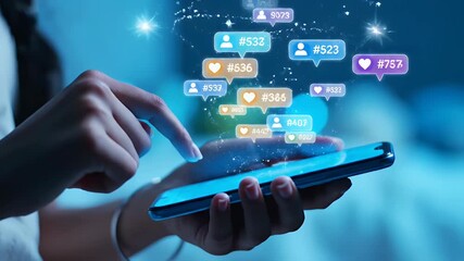 Woman's Hand Interacting With Smartphone Displaying Social Media Engagement Icons in Blue Light - Powered by Adobe