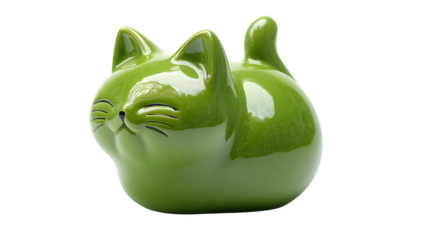 green ceramic cat-shaped coin bank, glossy surface, children?? piggy bank decor, isolated on white background