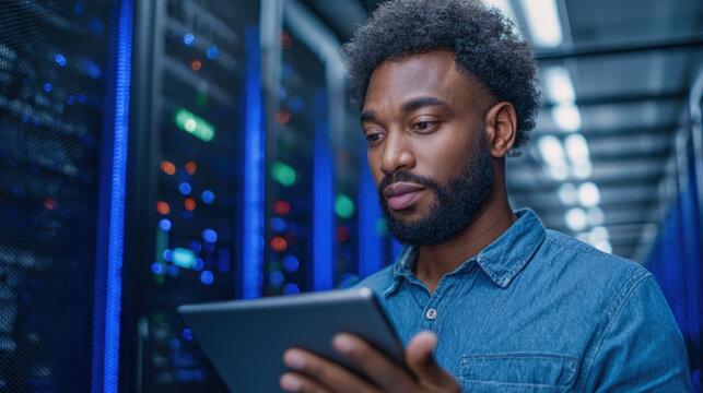IT professional working in data center using digital tablet interface.