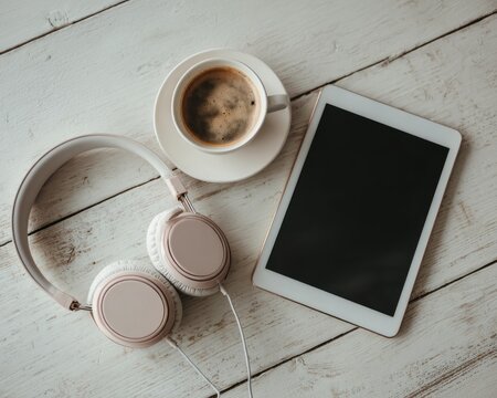 Coffee headphones tablet white wood