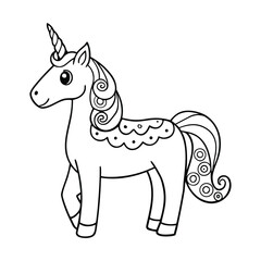 A majestic unicorn illustrated in intricate zentangle style, filled with elegant patterns and swirls, perfect for a relaxing and creative coloring page experience.
