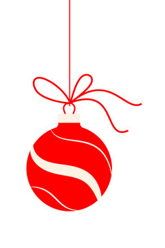 Retro midcentury modern Christmas ornament PNG with red stripes hanging on a red string knot. Vintage holiday bauble clipart for Xmas cards, wrapping paper, gift tags, decor, festive seasonal design