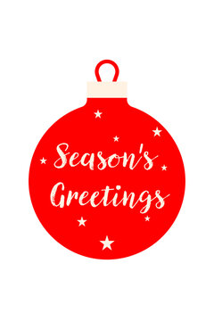 Festive red Christmas ornament with &ldquo;Season&rsquo;s Greetings&rdquo; typography. Holiday decoration bauble PNG for winter celebrations, cards, gift tags, invites, festive graphic design. High resolution PNG