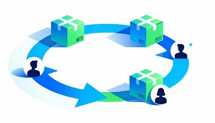 Isometric illustration of a logistics and supply chain process. Circular arrow with boxes and customer icons representing e-commerce delivery and returns. Workflow and circular economy concept