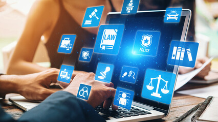 Law icons illustrate justice, court, and regulation system. Law represents fairness, law supports...