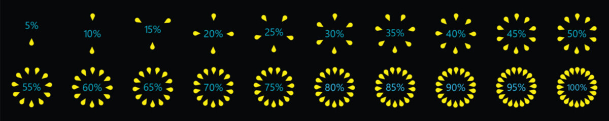 Circular Percentage Progress Bar Set Yellow Drop Icon Load Indicators 5% to 100%.