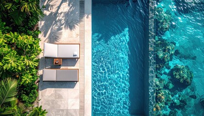 Luxurious Resort Poolside With Two Lounge Chairs And Lush Green Foliage Viewed From Above On A Sunny Day