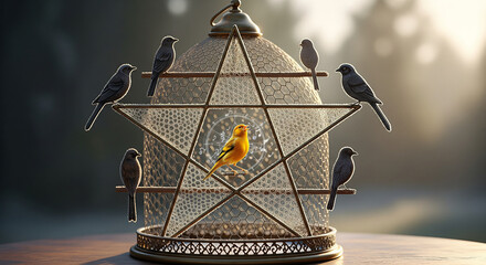 Golden Cage Pentagram: Unique Birdhouse with One Yellow Canary
A captivating and highly symbolic image featuring an ornate, pentagram-shaped bird cage sitting outdoors on a wooden surface