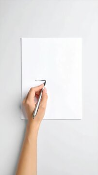 Hand drawing a line on a blank white paper sheet using silver pen. Overhead shot of arm sketching with art supplies on clean white background.
