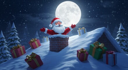 Santa Claus with gifts on snowy roof under full moon Christmas night