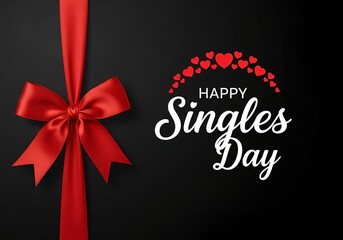 Happy Singles Day Celebration with Red Ribbon and Heart Decorations on a Black Background
