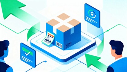 Obraz premium Isometric illustration of logistics and supply chain management. E-commerce package delivery with order tracking and confirmation. Business process automation concept