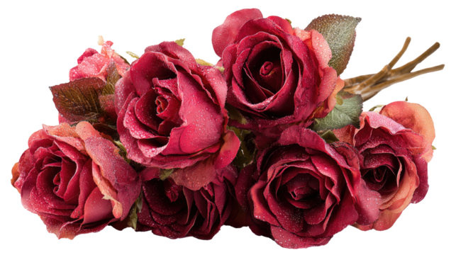 Beautiful bouquet of fresh red roses arranged in a rustic vase with natural floral charm and romantic elegance isolated on white background
