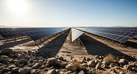 Solar Panel Array in Desert Under Bright Blue Sky