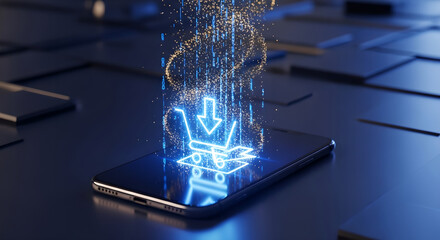 E-commerce Online Shopping Mobile Phone Digital Technology Blue Glow Copy Space