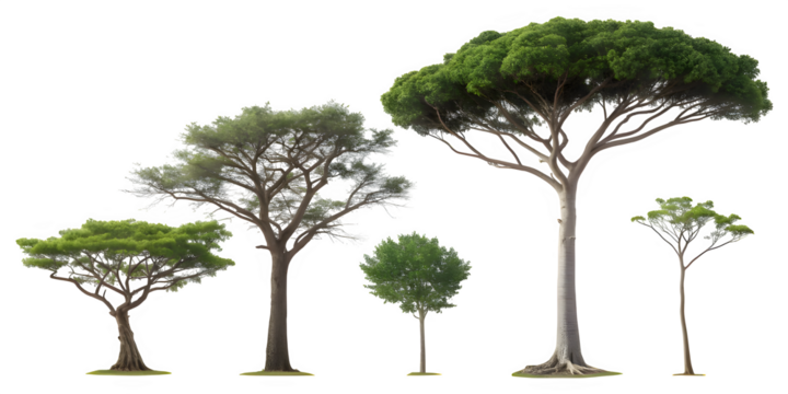 Collection of diverse evergreen trees with detailed foliage and trunks isolated on transparent background