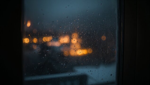 View from Bedroom Window Overlooking Snow-Covered Village with Warm Glowing Lights, cozy winter scene featuring frosted glass, snowy rooftops, and gentle evening ambiance visuals