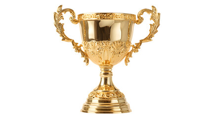 golden trophy cup with ornate handles, shining metallic surface, symbol of victory, isolated on white background