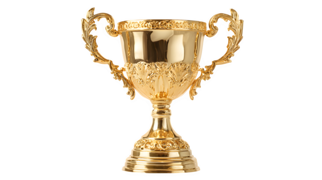golden trophy cup with ornate handles, shining metallic surface, symbol of victory, isolated on white background