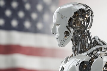 Fototapeta premium Futuristic Robot Against American Flag Highlights AI and Technological Progress.