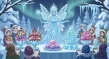 Magical Winter Celebration with Ice Fairy and Children Enjoying Desserts.