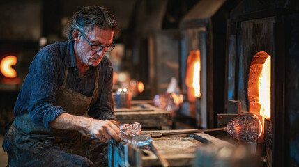 Glassblower shaping molten glass in a workshop with furnaces glowing, demonstrating traditional craftsmanship, artisan skill, and precision in a warm industrial setting.