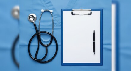 Overhead shot of a stethoscope and clipboard with blank paper on a blue surgical gown, ready for medical notes and diagnosis