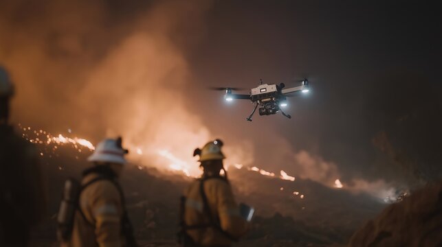 911 firefighters deploying drones to scan burning buildings and support rescue missions &mdash; dramatic night scene where firefighters coordinate with thermal-imaging drones mapping interior hotspots