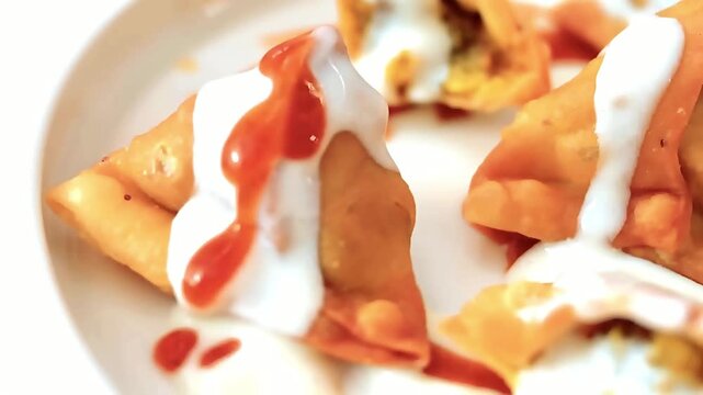 Samosa - Samosa Chaat - Hot crispy samosas are crushed and layered with curd, tomato sauce, green chutney, and sprinkled chat masala. A perfect Indian street food and restaurant-style chaat