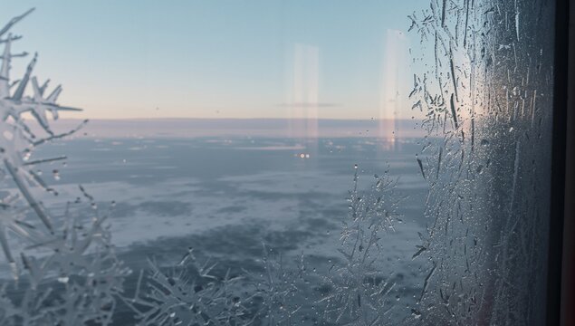 Ship Cabin Window with Frost, distant icy horizon over a calm frozen sea, soft winter light creating a serene and tranquil maritime atmosphere visuals 