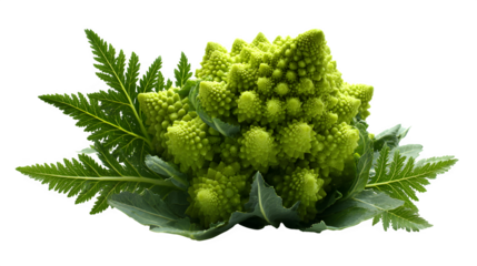 green romanesco broccoli with fern leaves, fractal structure, nature and food photography, isolated on white background