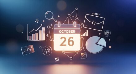Business Planning Calendar Data Analytics October 26 Blue Background Copy Space