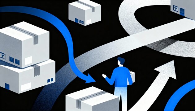 Man navigating a complex logistics and supply chain process. Conceptual illustration of distribution paths with arrows and packages. Business workflow and e-commerce fulfillment concept