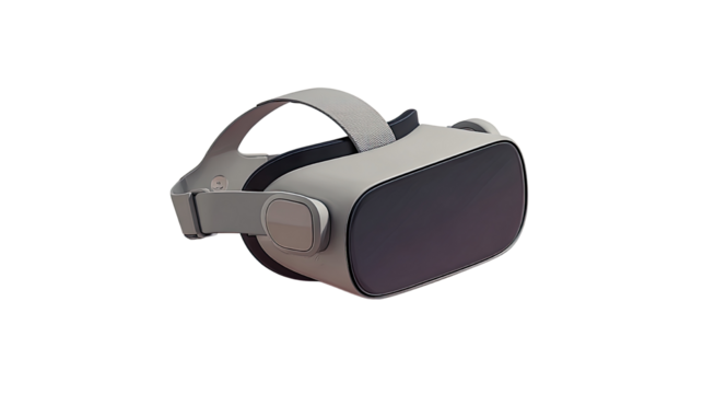 Modern illustration showing a VR headset in sleek grey shades with detailed contours, futuristic virtual reality wearable isolated on white background
