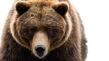 brown bear looking directly forward, thick fur and strong presence, isolated on white background