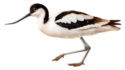 avocet bird with slender upturned bill, standing on long legs, elegant wetland species, isolated on white background